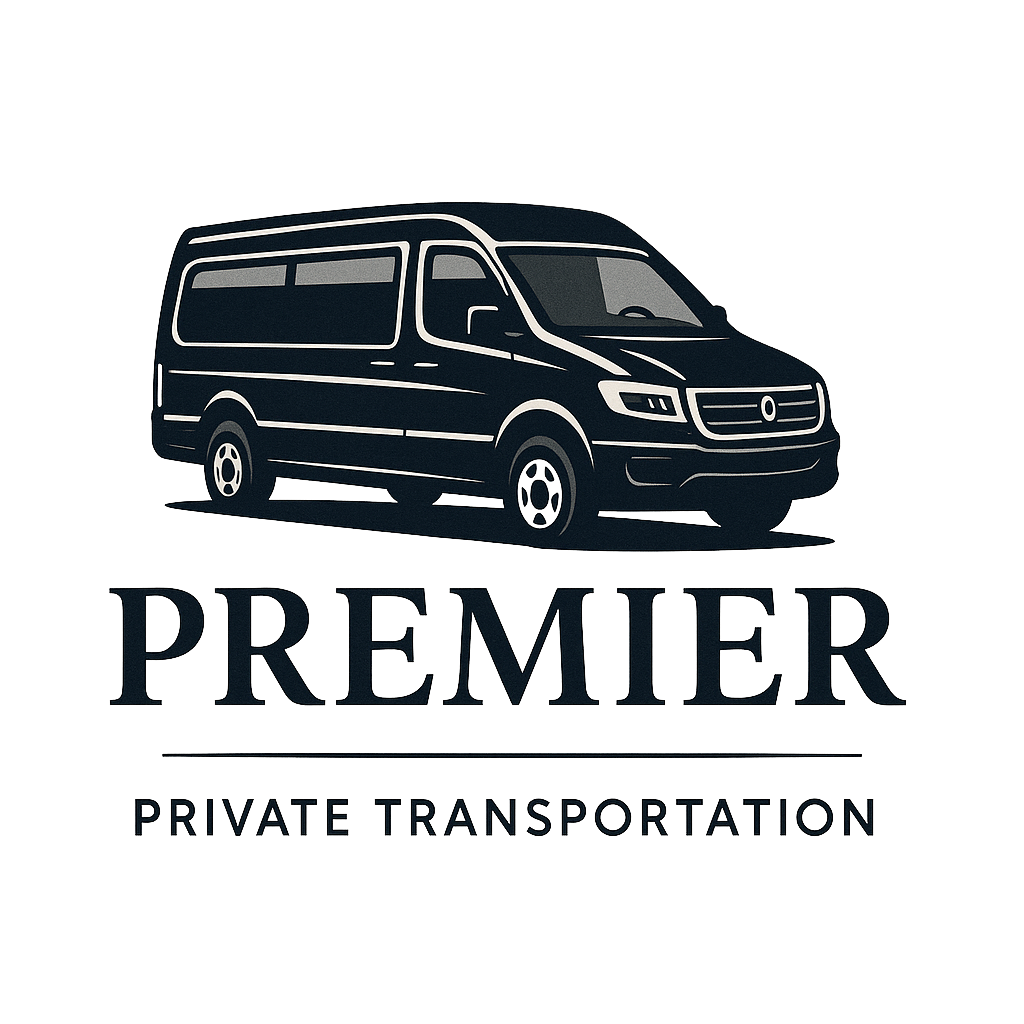 Transparent background and a sleek black transportation van above the company name Premier Private Transportation