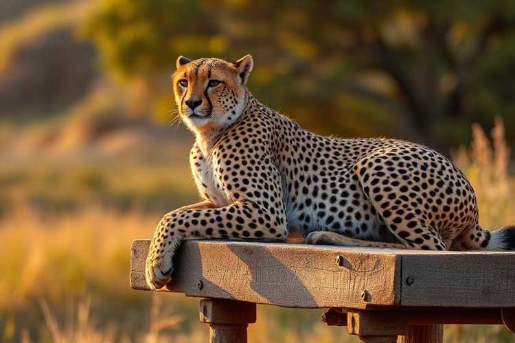 cheetah on platform looking out to the wilderness