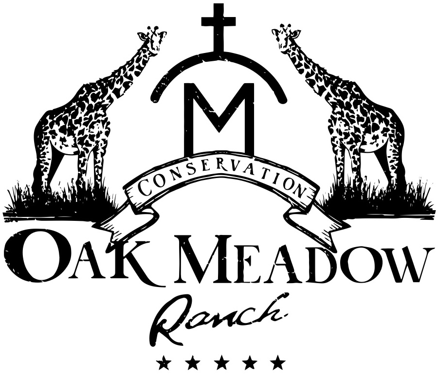Conservation logo for Oak Meadow Ranch with two giraffes, their brand, and the ranch name