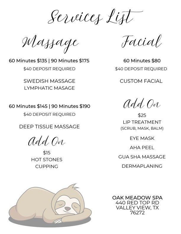 Listing of spa offerings at oak meadow ranch