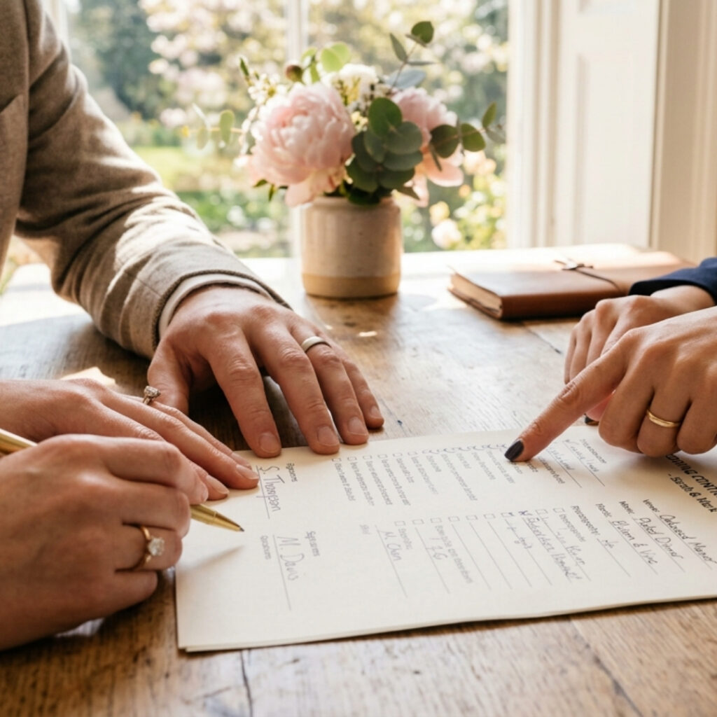 A close-up view of a couple’s hands reviewing a wedding services contract with a professional planner at a table.
