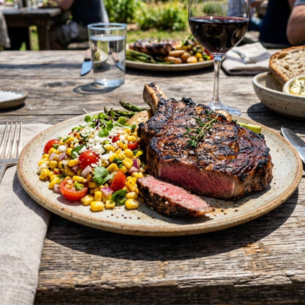 A close-up of a beautifully plated farm-to-table steak dinner with seasonal vegetables on a rustic wooden table