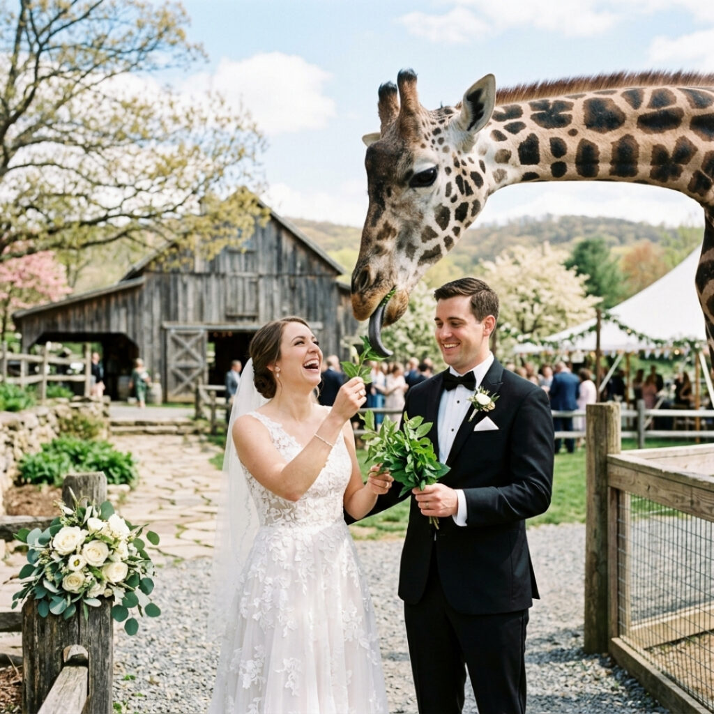 A smiling bride and groom happily feed a giraffe during their ranch wedding celebration.