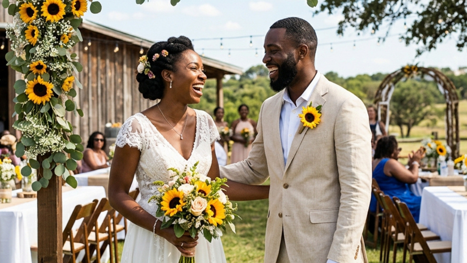 bride and groom laughing together during an outdoor ranch wedding reception under string lights.